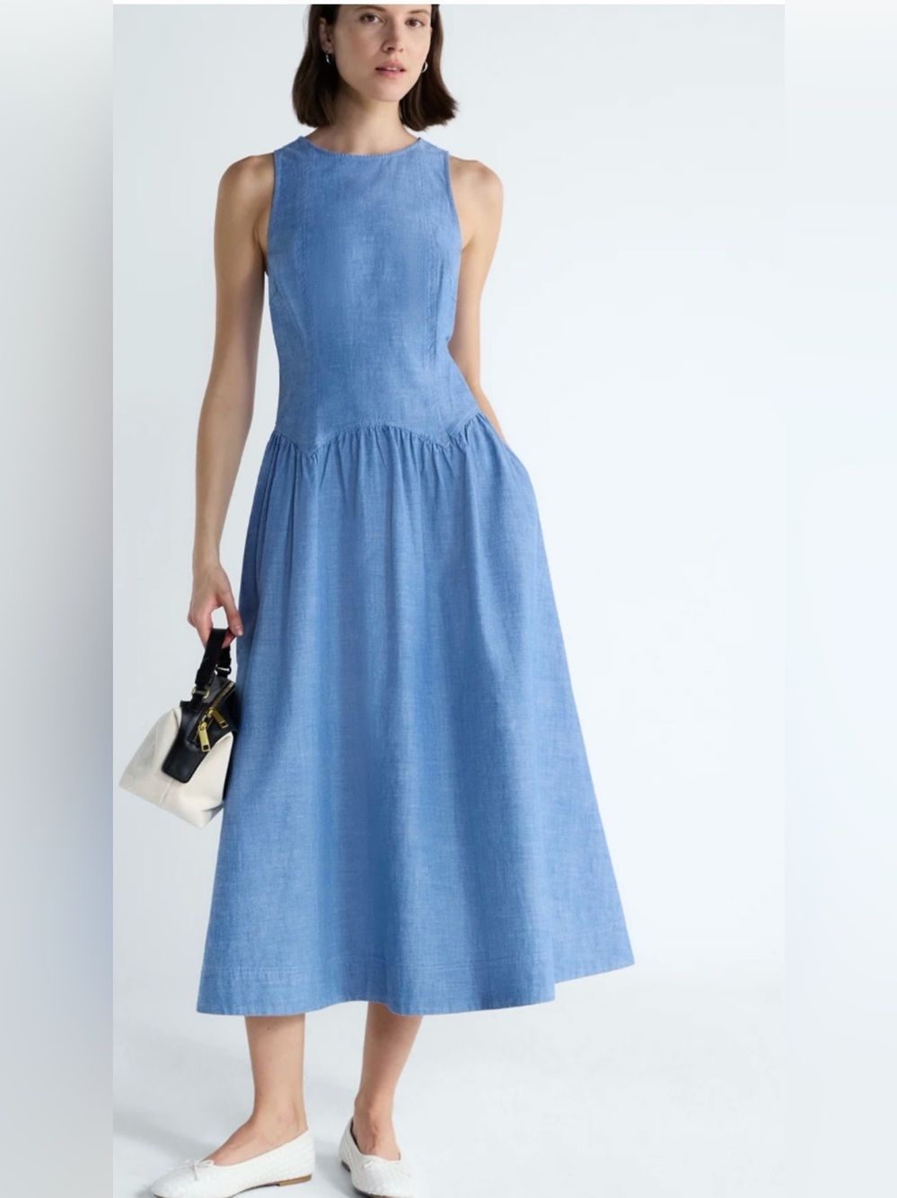 Sleeveless Chambray Midi Dress in Light Blue